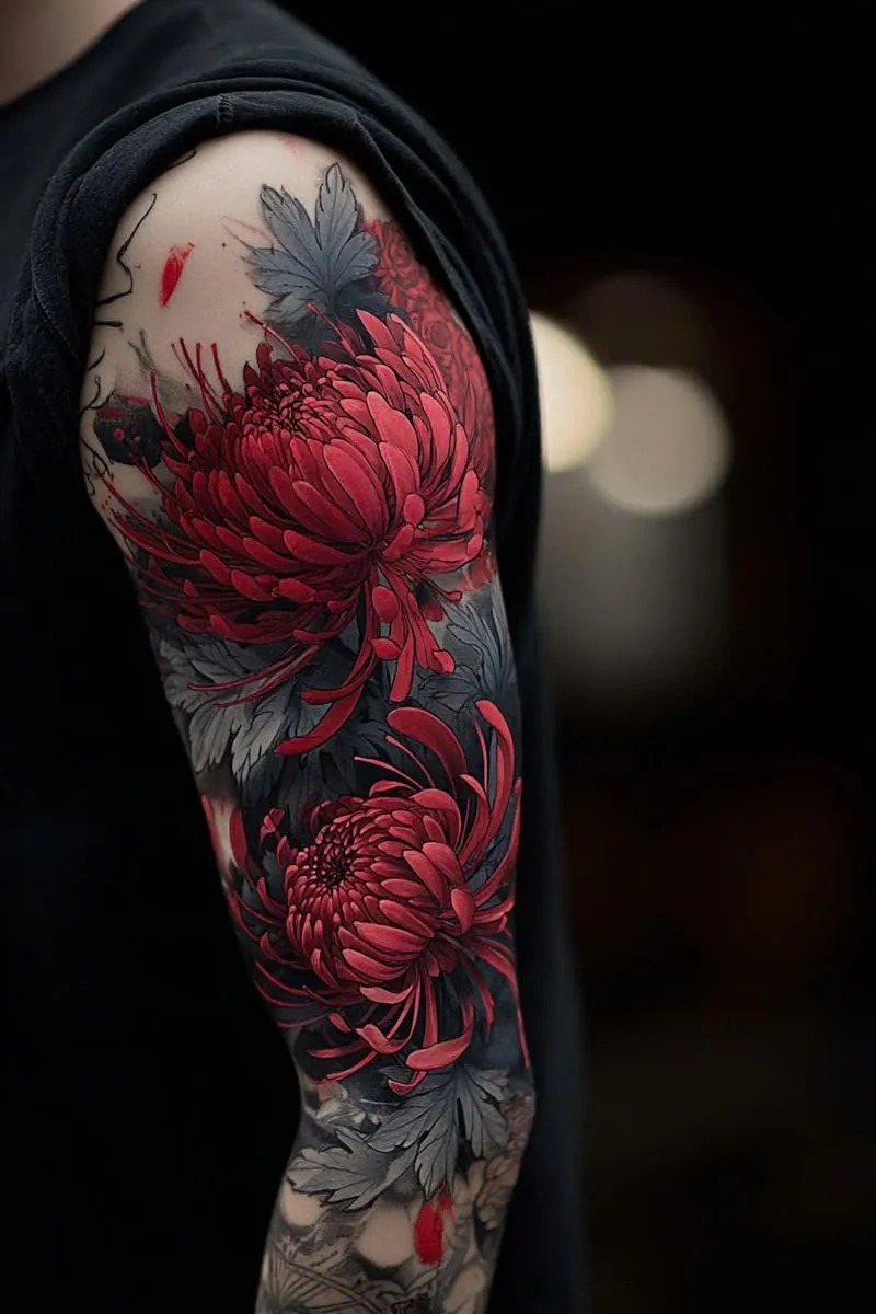 Red chrysanthemum sleeve tattoo with grey leaves on the upper arm