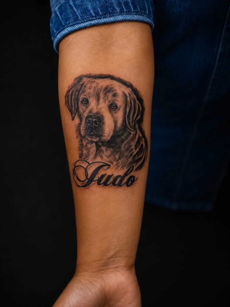 Realistic dog portrait tattoo with a script name on a forearm