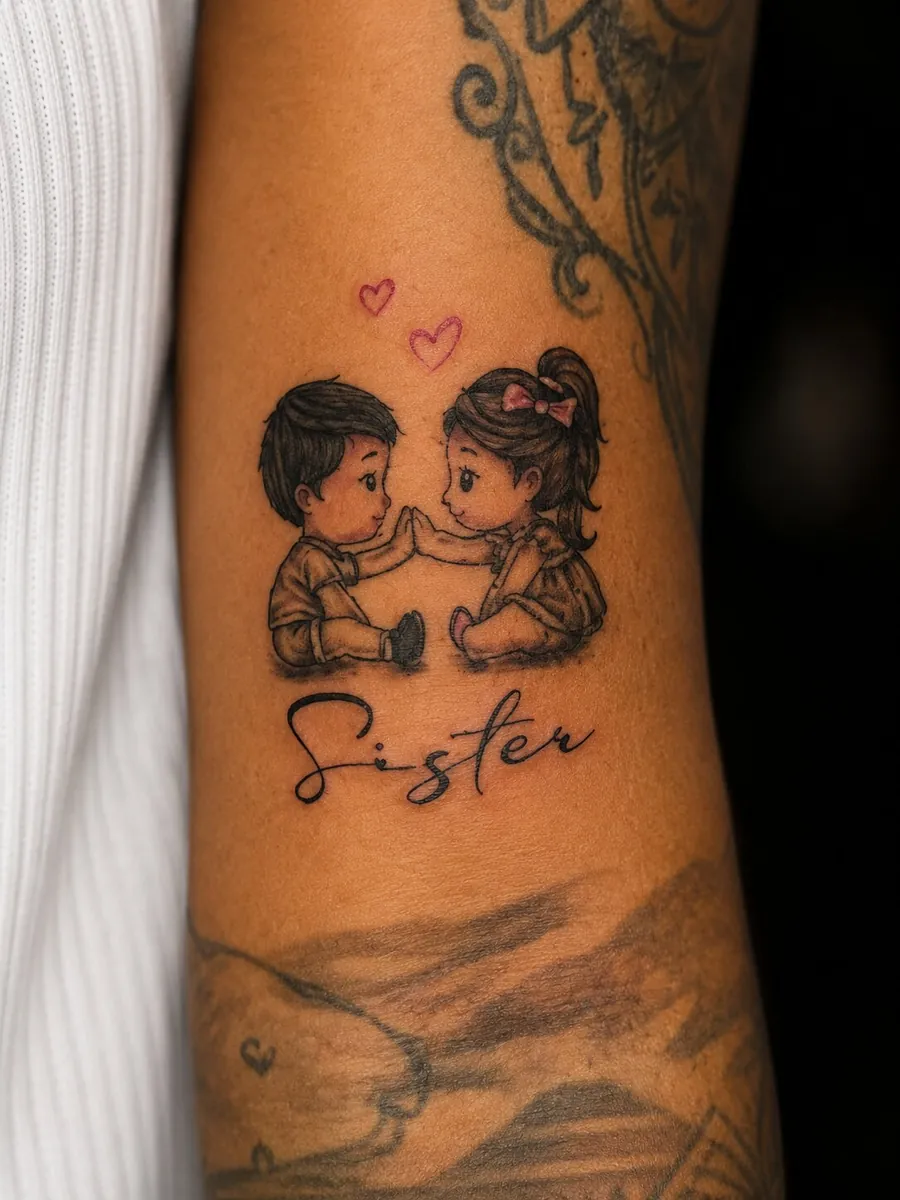 Small illustrated tattoo of a boy and a girl with hearts and the word Sister in script